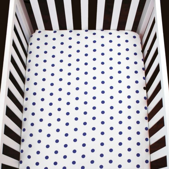 ORGANIC COTTON NAVY POLKA DOTS CRIB SHEET - Picture 1 of 4